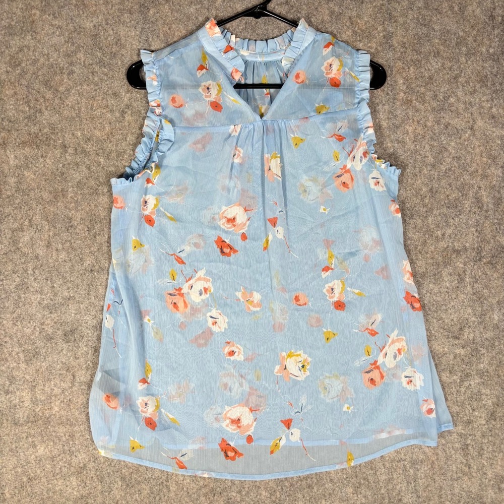 Who What Wear Floral Blouse Womens Medium Blue Ruffle Sleeve Sleeveless‎ Top